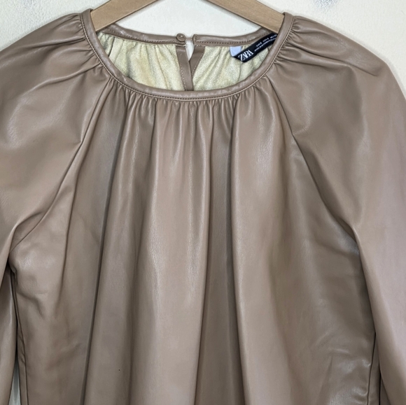 Zara Tan Faux Vegan Leather Long Puff Sleeve Top Size Small Minimalist Chic Luxe - Picture 4 of 6